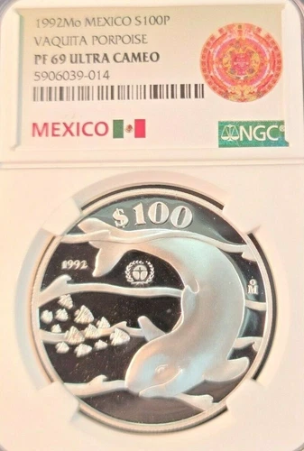 1992 MEXICO SILVER 100 PESOS VAQUITA PORPOISE NGC PF 69 ULTRA CAMEO SCARCE COIN