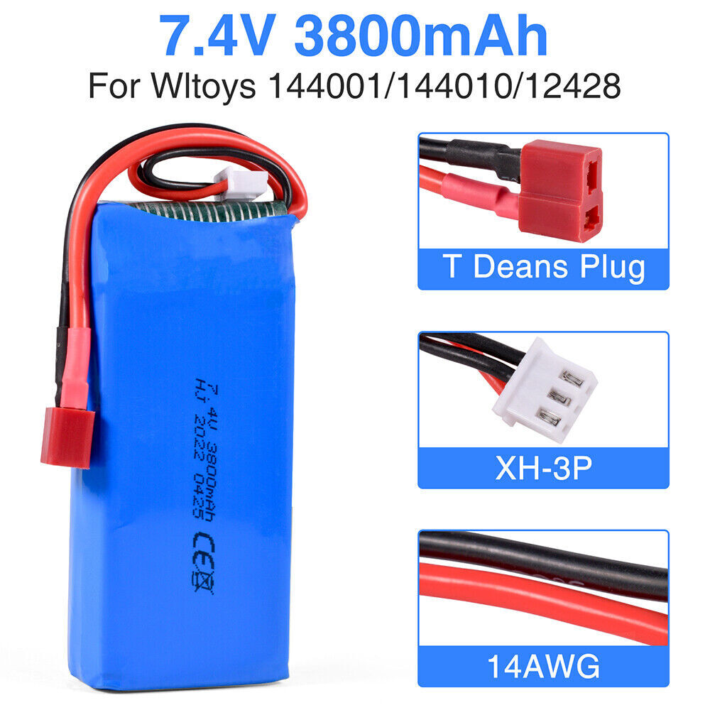 2 Stück 7,4V Batterie 3800mAh Lipo Akku T Stecker für WLtoys 114 144001 RC Auto