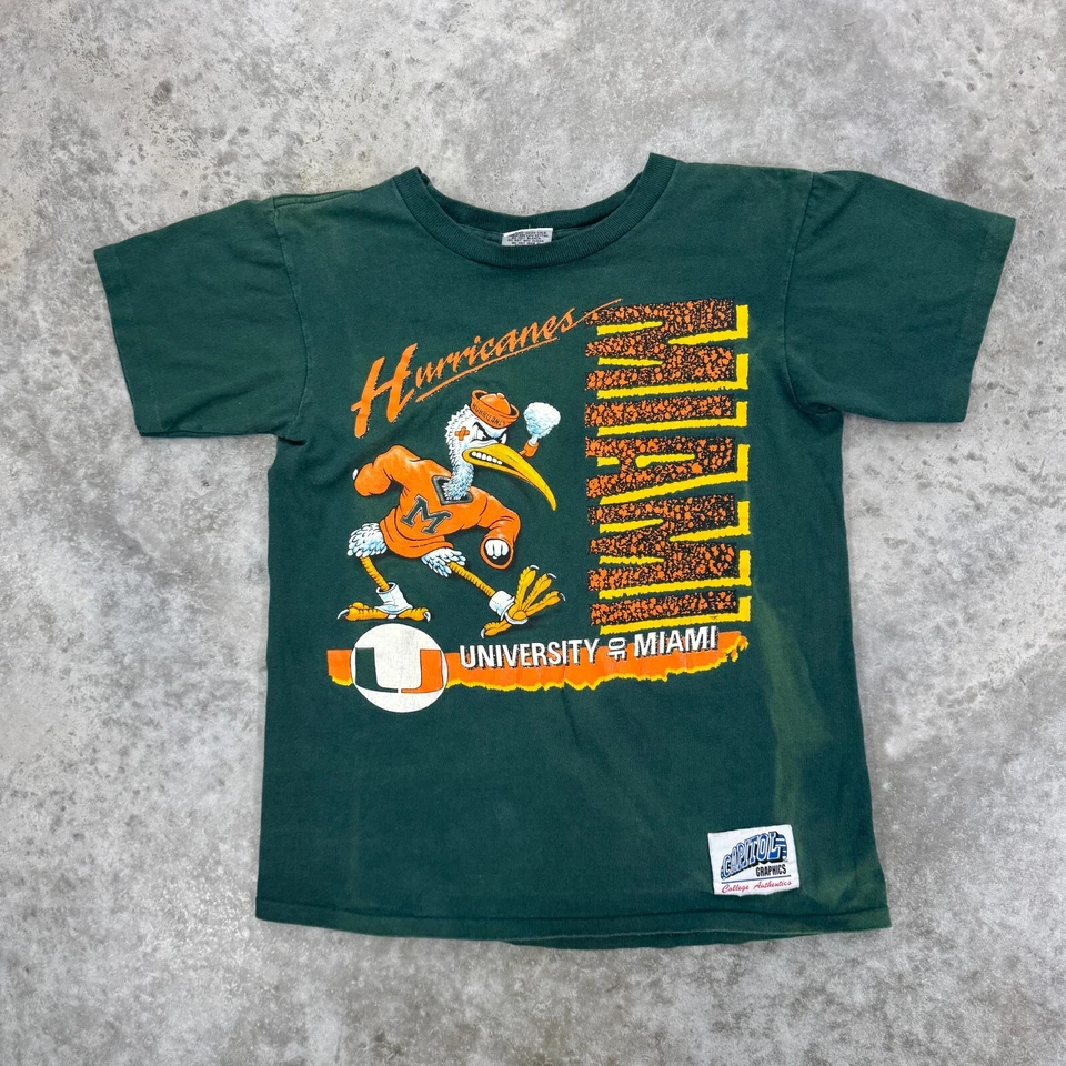 Vintage Miami hurricanes t shirt mens Medium 90s green distressed Football rare - Image 2 of 4