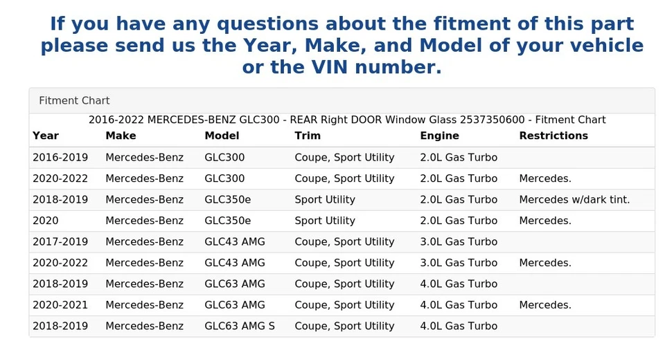2016-2022 MERCEDES-BENZ GLC300 — заднее правое стекло на окно двери 2537350600 - Изображение 4 из 4