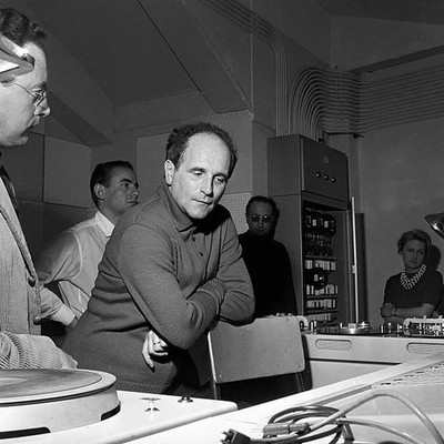 The singer Leo Ferre in control room during the recording of a rad- Old Photo