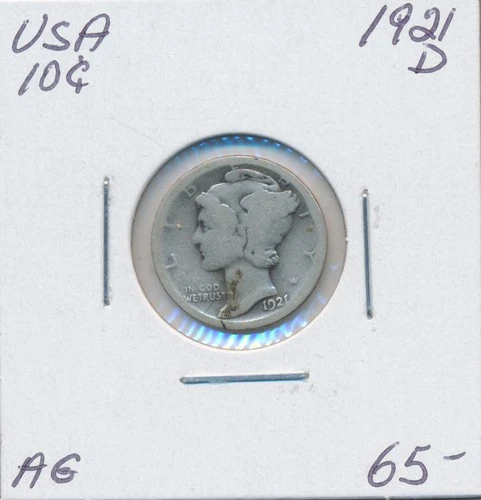 USA Mercury 10 Cents 1921 D - AG