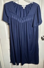 Miss Elaine Nightgown Cap Sleeve Sz 1X Navy Blue Floral Trim Cottagecore
