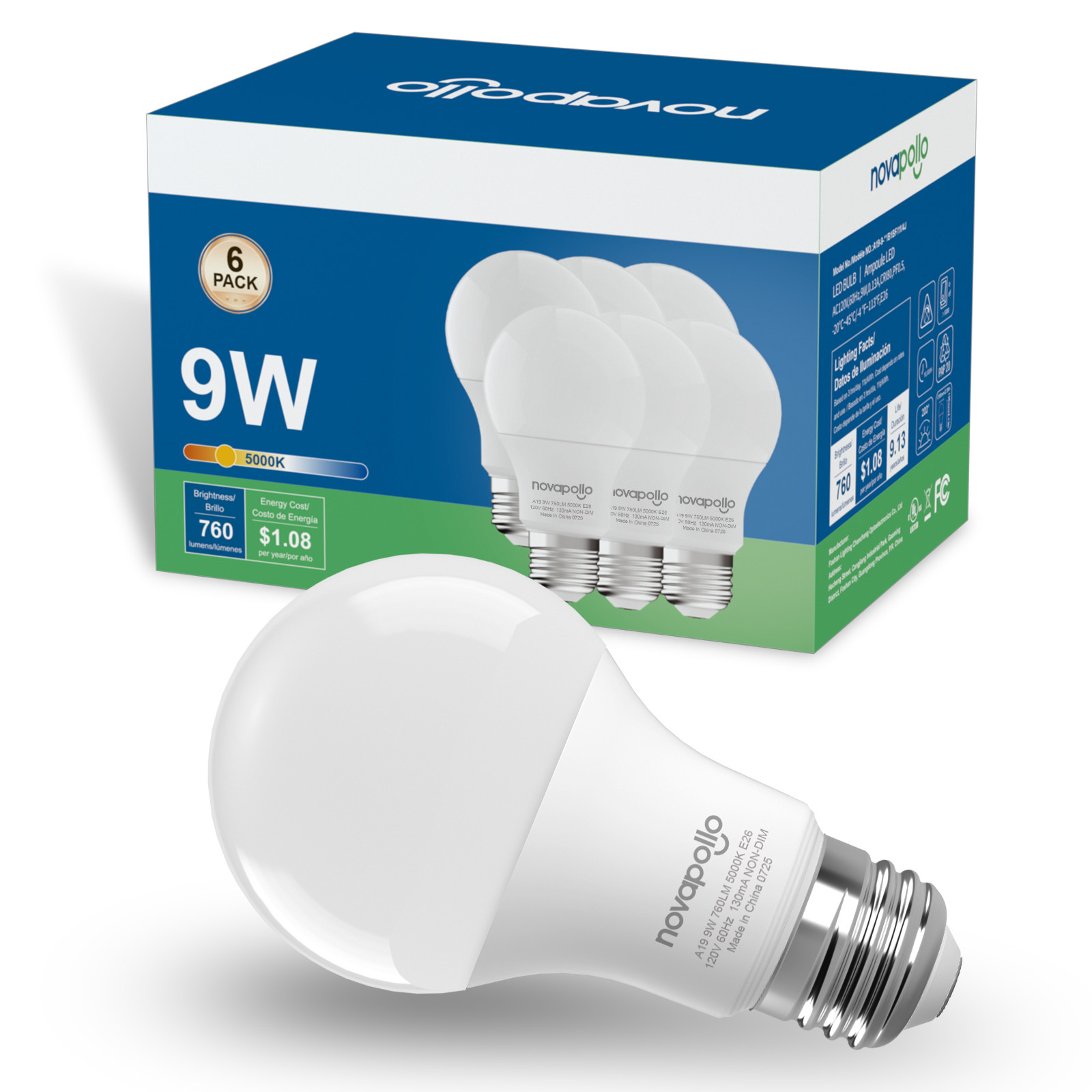 Novapollo A19 LED Light Bulb 5000K Daylight 60W Equivalent 9W E26 4/6/12/24 Pack