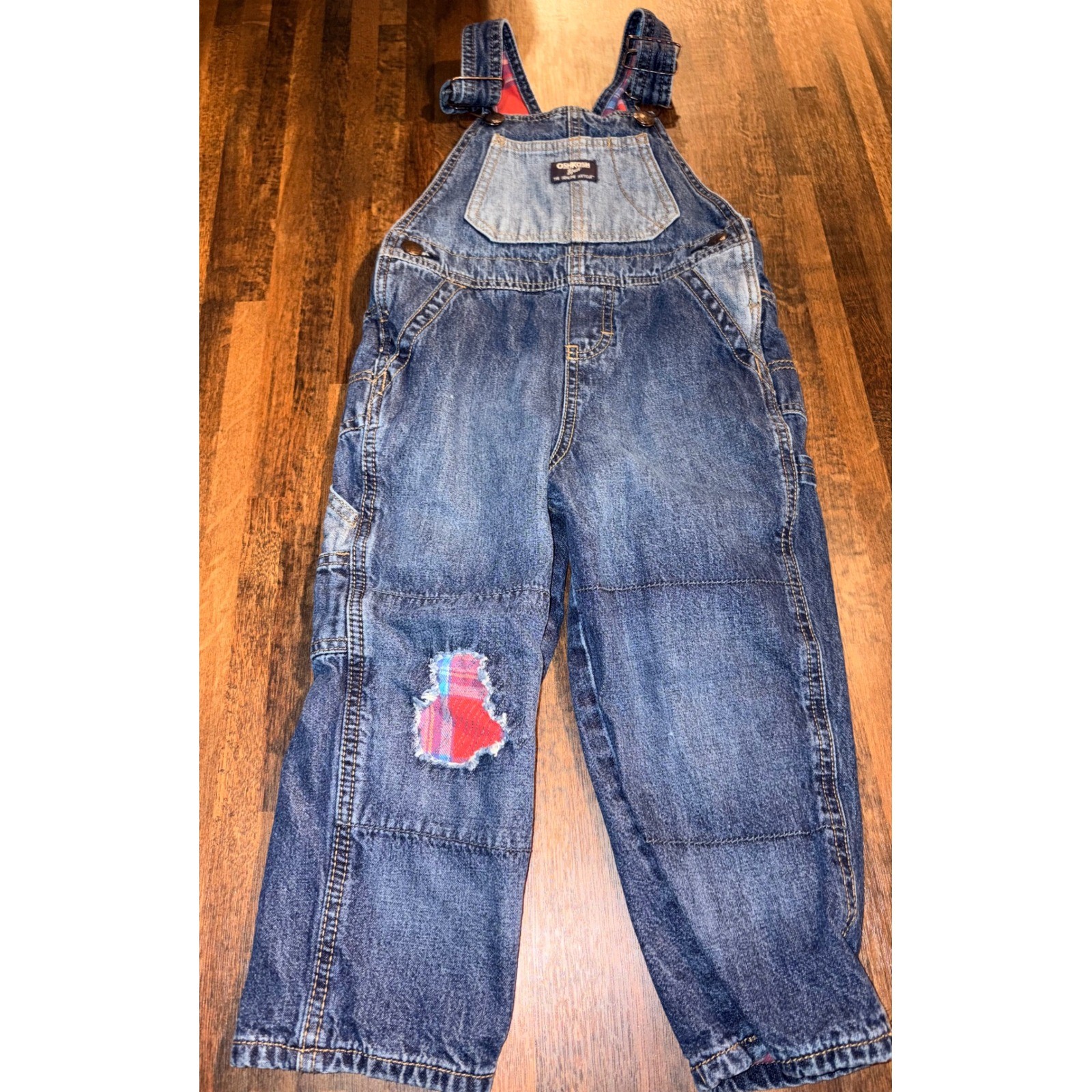 OshKosh Bgosh Kids Denim Overalls Red Plaid Patch Work Size 3T