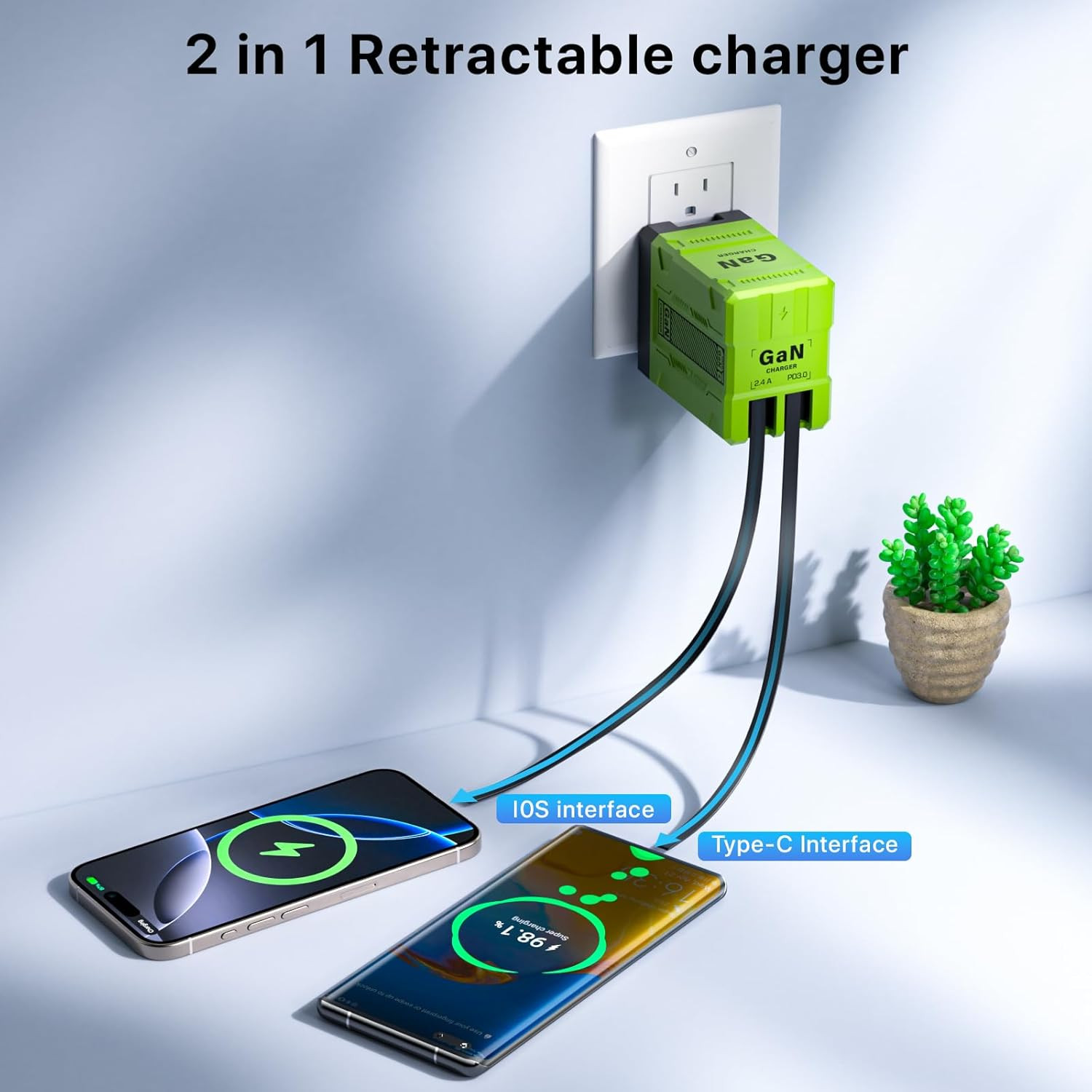 2 in 1 Retractable Gan Wall Charger with Dual Cables, Fast Charging 45W Retracta