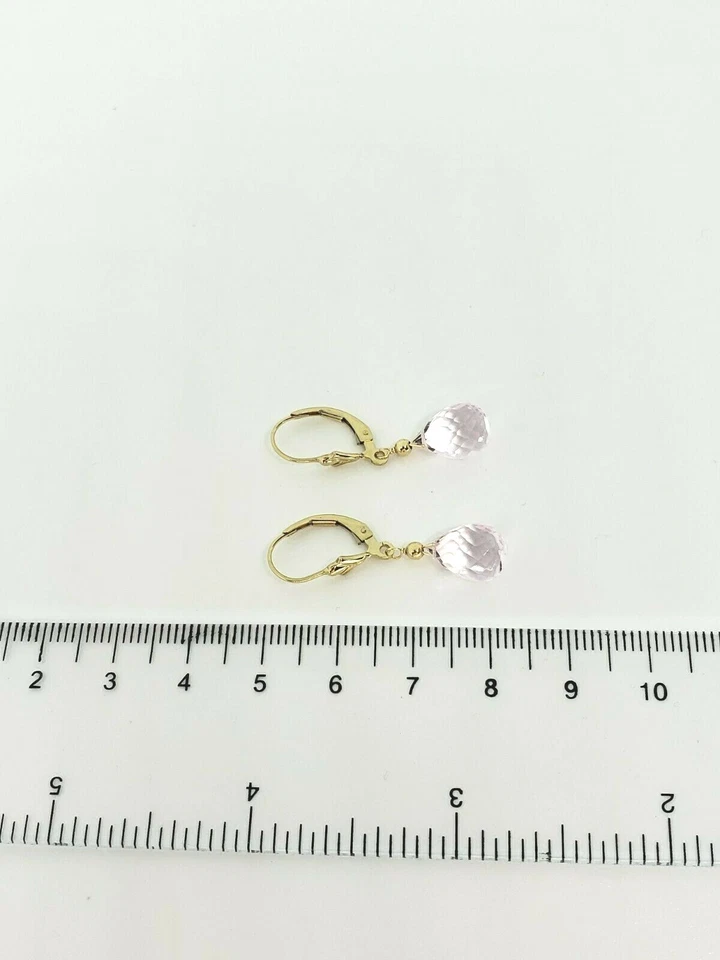 Висячие серьги-бриолеты из желтого золота 14 карат с граненым розовым кварцем - Изображение 2 из 4
