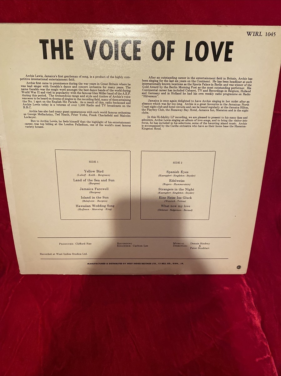 Archie Lewis-The Voice Of Love LP VG+ Vinyl WL-1045 Jamaica