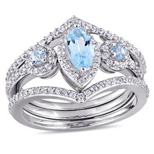 Amour Sterling Silver Marquise-Cut Blue Topaz  White Topaz Three-Piece Ring Set