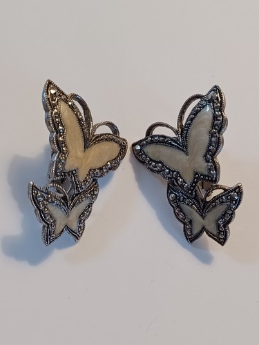 Vintage signierte Avon gelb/creme Emaille Schmetterling Brosche und Ohrring Set Silber - Bild 4 von 7