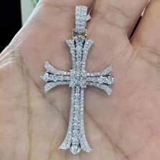 2.00Ct Round Cut Lab Created Diamond Unisex Cross Pendant 14k White Gold Plated