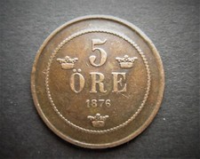 SWEDEN BRONZE 5 ORE 1876  / SNIFF'S  ANCIENT COINS T-4