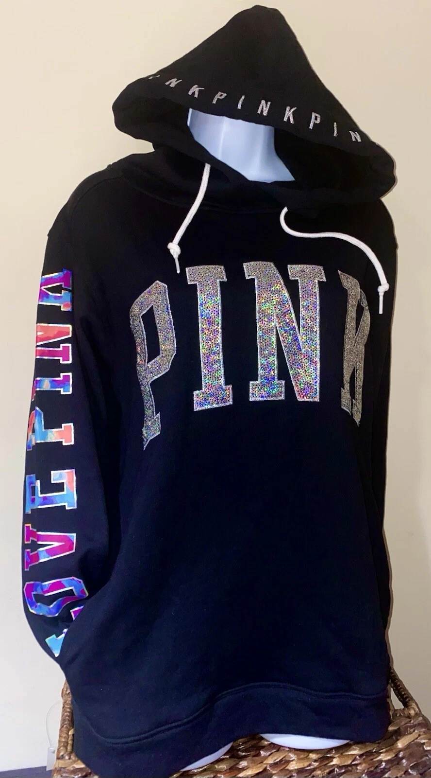 UNDERCOVER Felpa con cappuccio Victoria’s Secret ROSA paillettes Bling acquerello tie dye olografica nuova con etichette