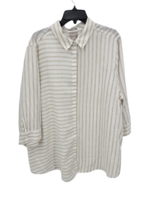 Chicos 4 Top Womens Plus 20/22 Brown White Mixed Direction Stripe Linen Blouse