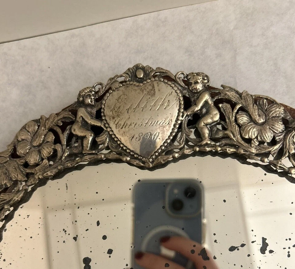 Antique Sterling Silver And Wood Heart Shaped Vanity Mirror - Image 2 of 4