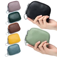 Women Men Genuine Leather Small Coin Holder Change Purse Zipper Key Card Wallet