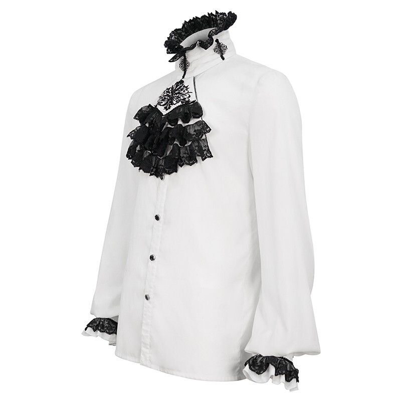 Men's White Shirt Black Ruffle Collar Long Sleeve - Groom Gothic