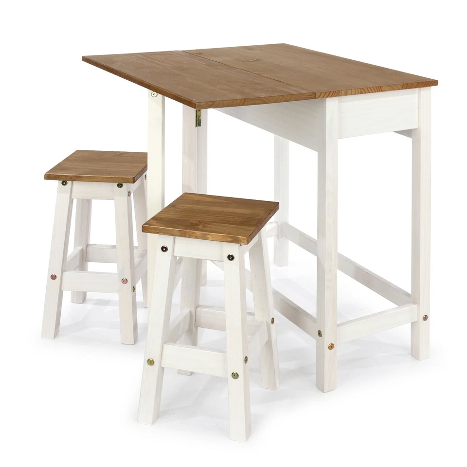 Corona Breakfast High Table Counter Gateleg Drop Leaf 2 Stools Kitchen Set White - Image 4 of 4