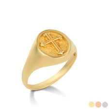 Gold Religious Cross Textured Signet Ring (Av...