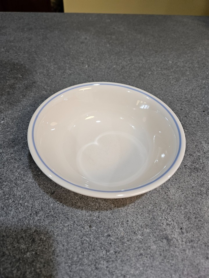 Corelle BLUE LILY 5 1/2" BEIGE Cereal Bowls, Light BLUE Stripe (5), EC