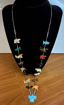 Zuni Fetish Necklace w Turquoise Eagle, carved stone Animals Carolyn Pollack 
