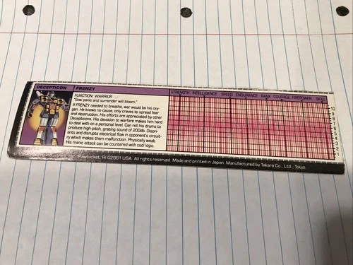 Original TRANSFORMERS G1 FRENZY Tech Spec Card VINTAGE Bio/Stats CUT-OUT