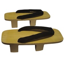 Vintage Traditional Geta Clogs Sandals Brown Wood Black Velvet Thongs Size 10.5