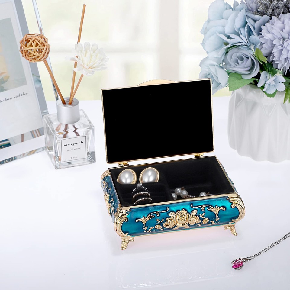Metal Musical Jewelry Box Blue Gold (Tune You Are My Sunshine) Vintage ...