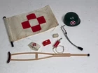 Vintage GI Joe Medic Helmet, Flag, Crutch, Arm Band and Medical Accessories