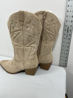 Womans NWT Time & Tru Embroidered Midcalf Cowgirl Boots 7 Beige Pointed Toe