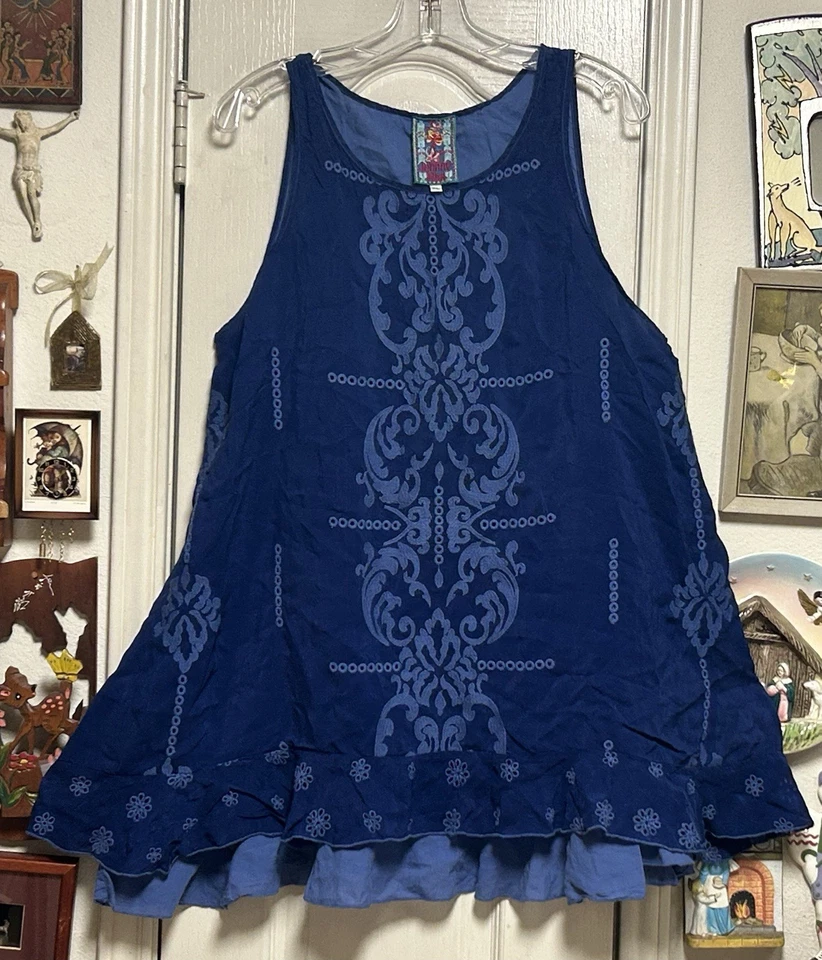 Johnny Was Royal 蓝色 Demoran 孔眼/刺绣束腰无袖分层下摆 XL — 第 4/4 张图片