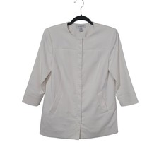 Liz Claiborne PM White Collarless Blazer Womens Petite 3/4 Sleeve Hidden Closure