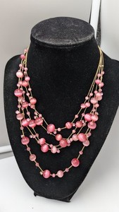 Authentic Pink Moonstone Cat's Eye & Rhinestone Gold Plated Multi-Strand Bib Necklace 18"