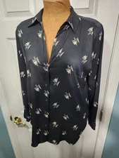 Talbots Black Printed Blouse L Sleek  Work Wear