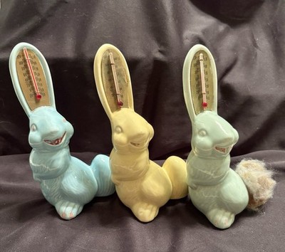 Vintage Lot 3 Thadco Bunny Rabbit Thermometer Figurines Baby Blue Yellow & Green