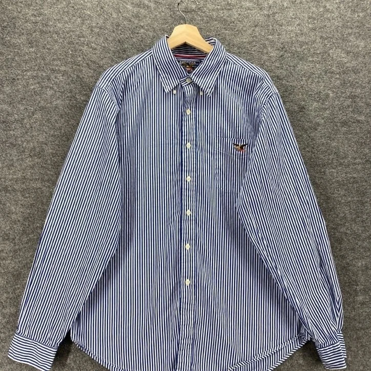 American Eagle Shirt Men XL White Striped Button Up Collared Cotton Long Sleeve - Image 3 of 4