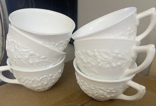 Indiana Milchglas weiß orange Blüte Blume & Blatt Band Tassen 6er Set