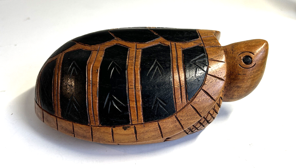 Vintage OOAK Turtle Solid Wood Hand Carved All Over Sculpture Figurine Folk Art