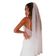 Pearl Bride Wedding Veil Bridal Tulle Veils Hair Accessories 1 Tier Fingertip...