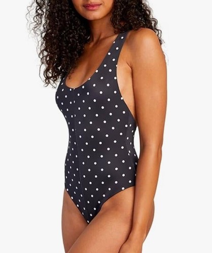 RVCA Swimsuit One Piece L Black White Polka Dot Racerback Medium Cut Swim Suit - Picture 2 of 7