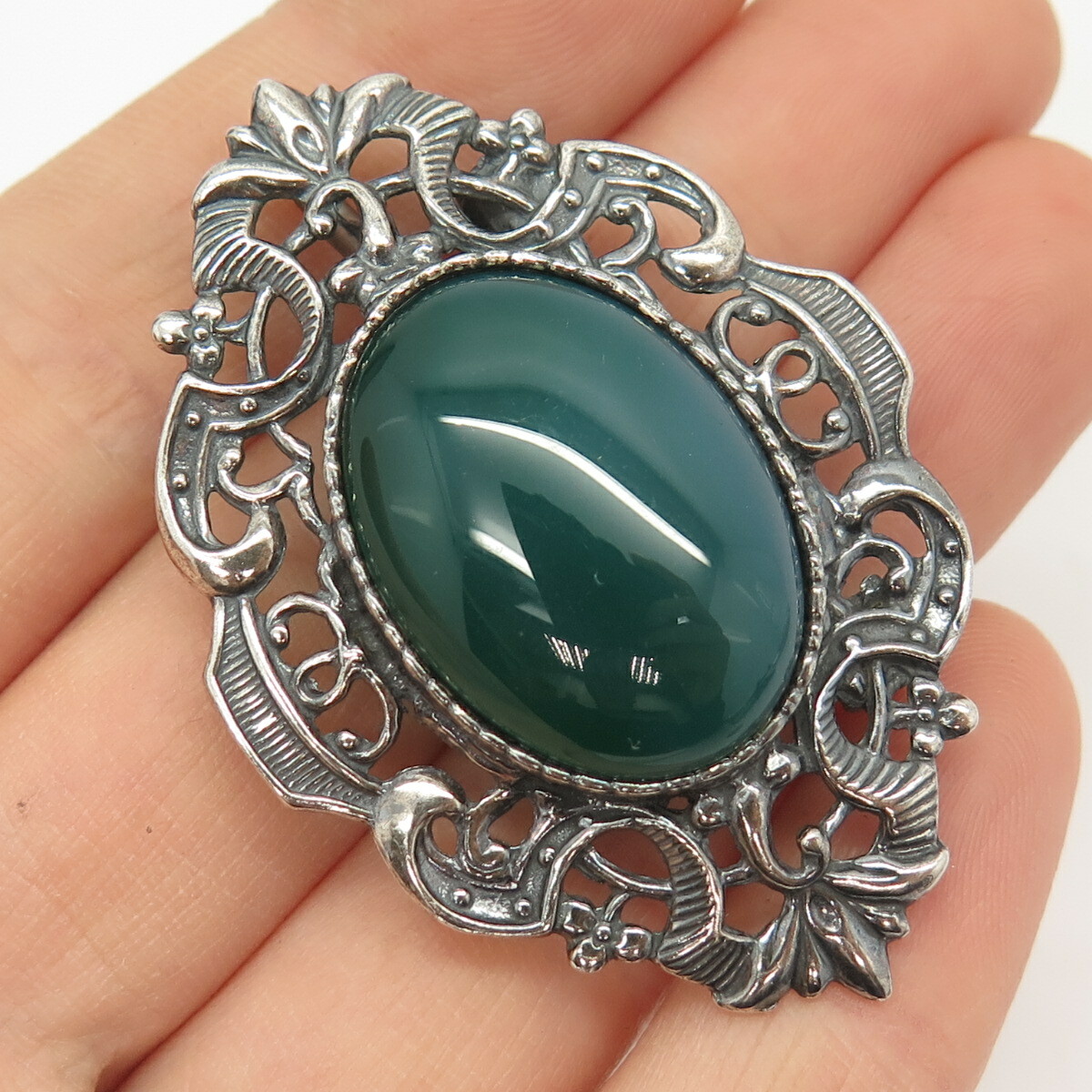 925 Sterling Silver Vintage Real Green Onyx Gemstone Ornate 925 Sterling Silver Vintage Real Green Onyx Gemstone Ornate