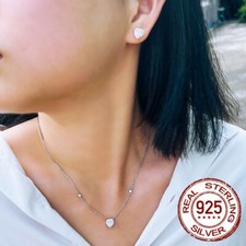 Lady Small Heart Earrings Pendant Necklace 925 Silver Cubic Zirconia Jewelry Set