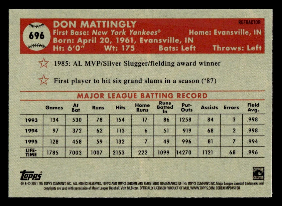 Don Mattingly 2021 Topps Chrome Platinum Anniversary #696 Refractor - Image 2 of 2
