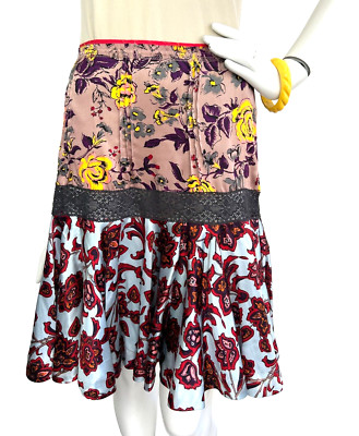 Odd Molly Silk Skirt Floral Ruffle Tiered Lace Trim Pin-Tuck Patchwork M VGUC