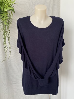 Witchery Navy Blue Fine Knit Sweater Jumper M Wool Blend Frilly