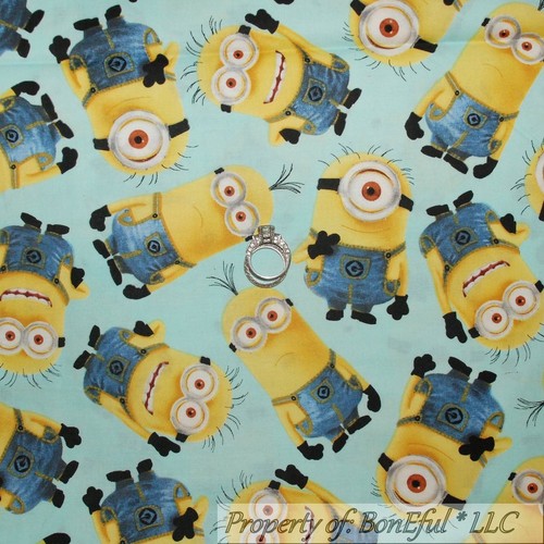 BonEful Fabric FQ Cotton Quilt Aqua Blue Yellow Minion Movie Character Boy Girl - Picture 11 of 11