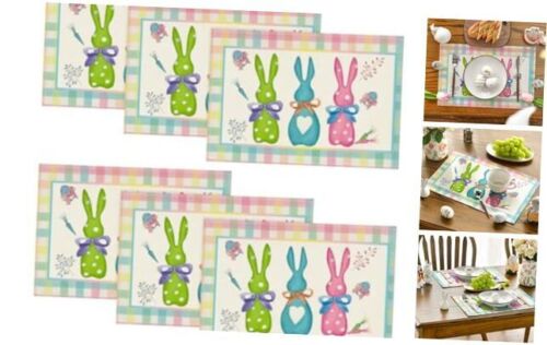 Green Blue Pink Buffalo Plaid Bunny Happy Easter Placemats Set of 6, 12x18