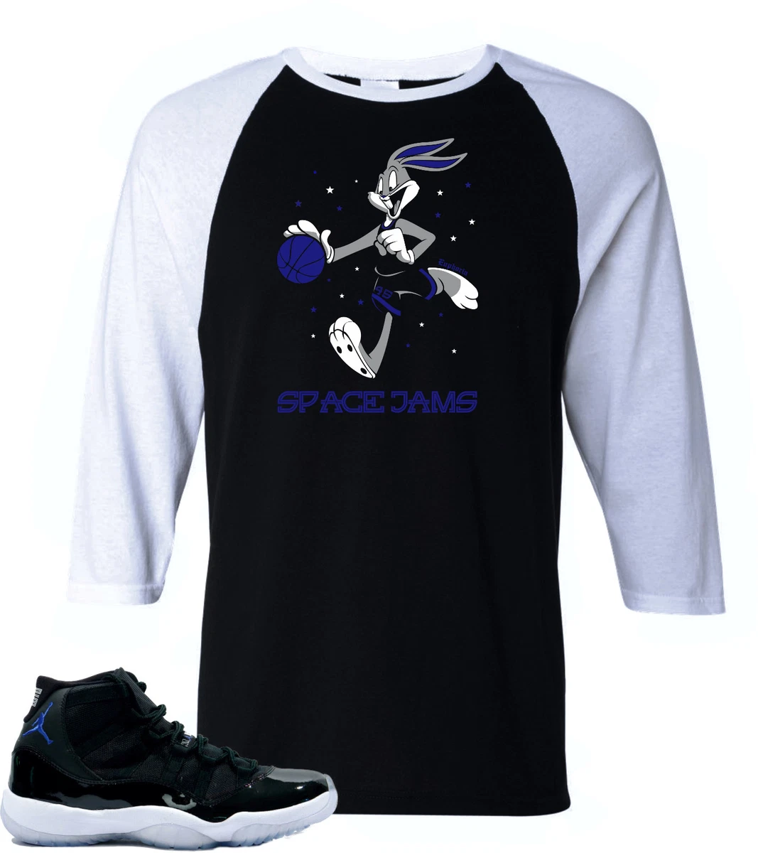 Shirt to match Air Jordan 11 Space Jam sneakersBugs BunnyRaglan  Black/WhiteTee | eBay