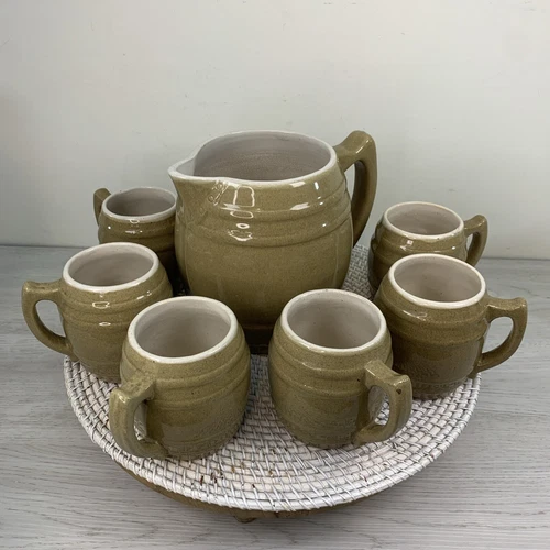 VINTAGE Brown Pottery Ceramic Stoneware UHL 1 Brown Barrel Pitcher and 6 Mug Set