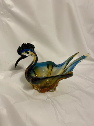 Murano Style Art Glass Crested Bird MCM Candy Dish Bowl Vintage